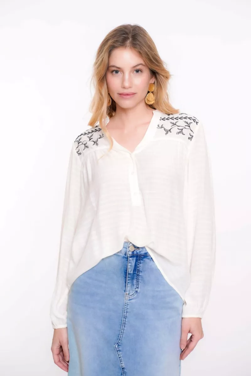 GEISHA-Blouse embroidery-53066-14-010 Off white black-OFF WHITE