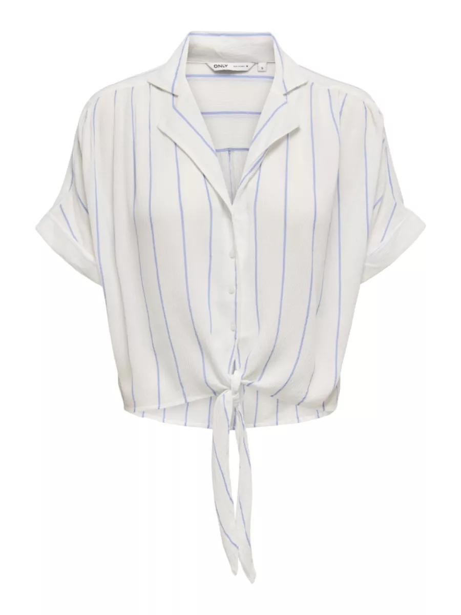 ONLY-ONLPAULA LIFE S/S TIE SHIRT WVN NOO-15281497-Wide Blue Bonnet Stripe-CREME