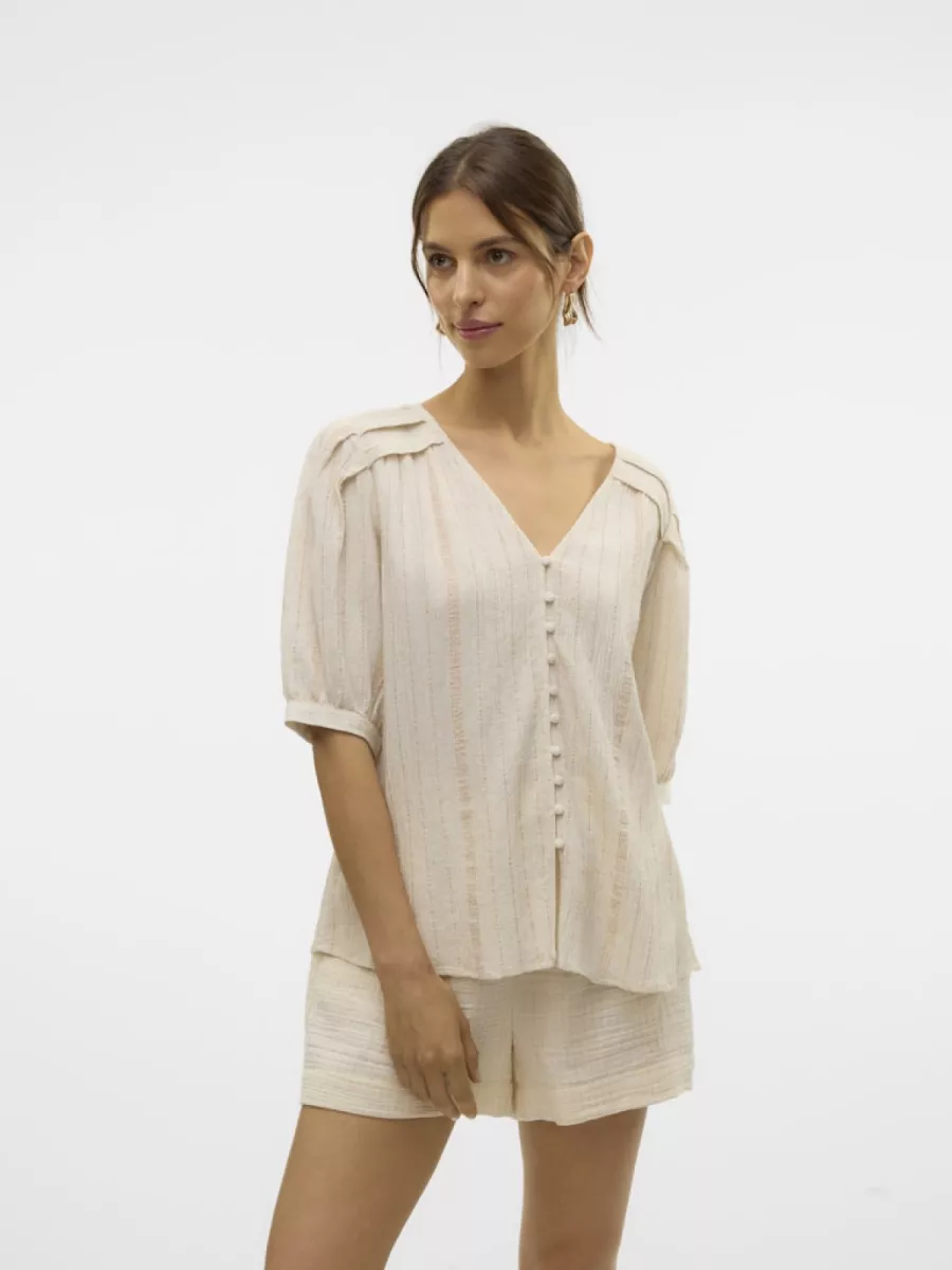 VERO MODA-VMDAHLIA S/S V-NECK SHIRT WVN BTQ-10329115-Pumice Stone-CREME