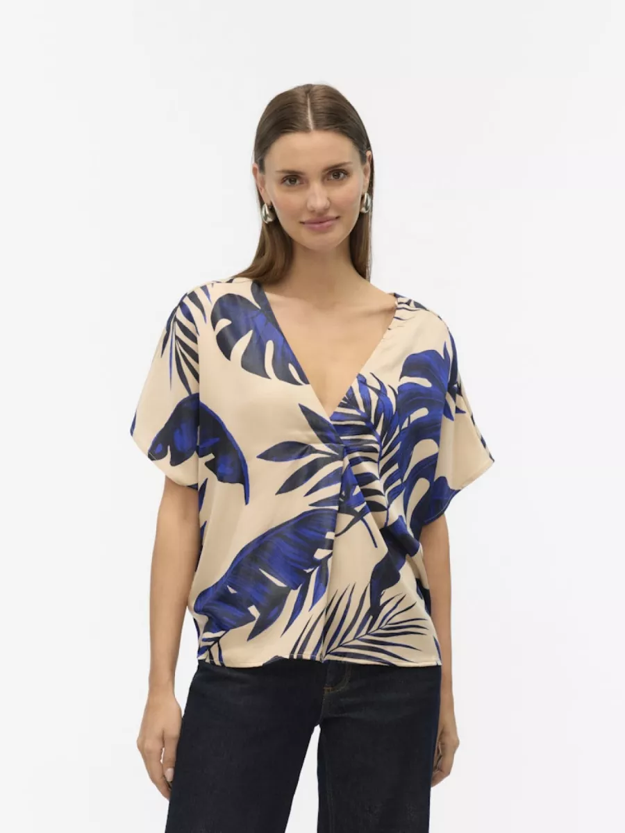 VERO MODA-VMVINA WIDE TOP WVN GA LCS-10333759-Cloud Dancer-BLAUW COMBINATIE