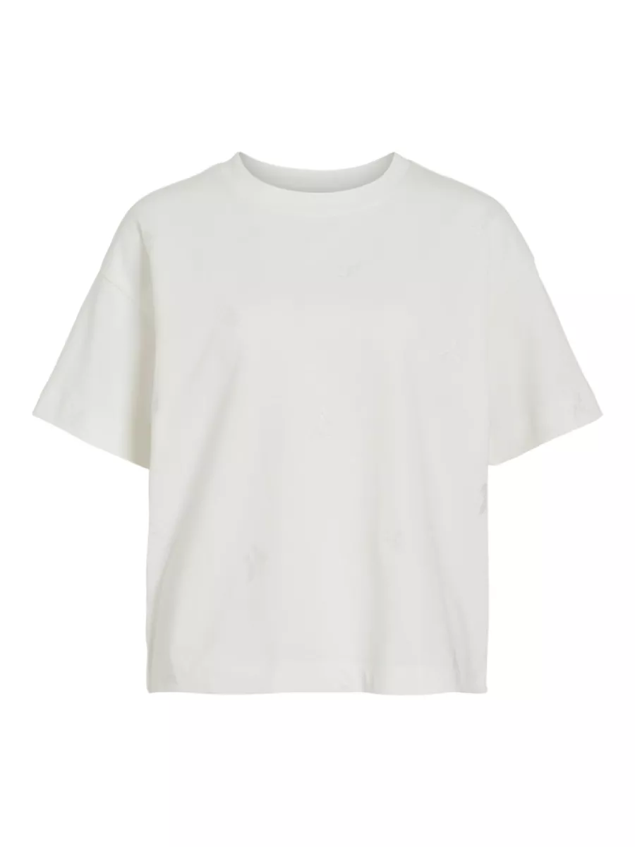VILA-VIMONIE FLOWER EMB S/S O-NECK-14106761-Snow White-OFF WHITE