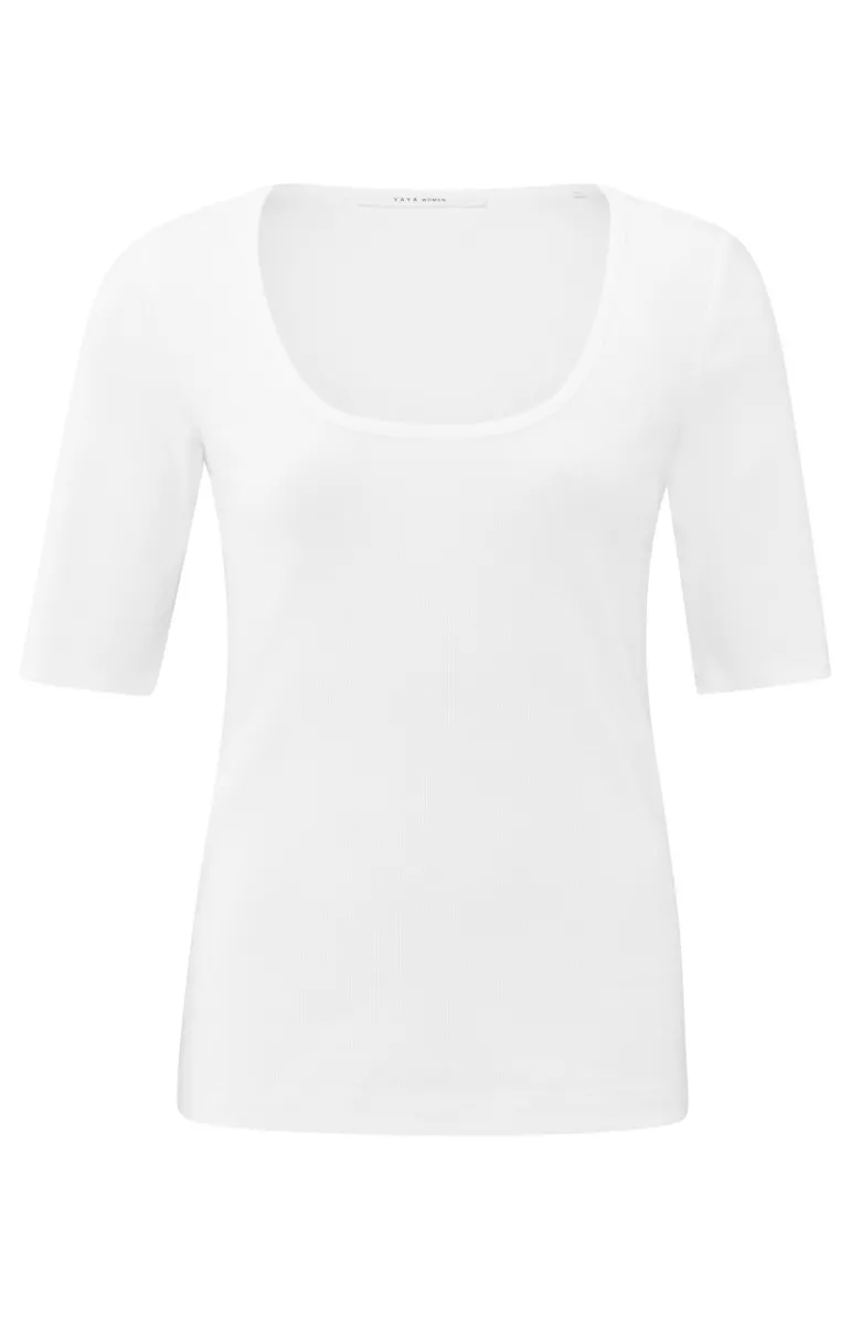 YAYA-Geribd T-shirt met ronde hals; Cotton/Elastane-01-719063-501-00000-OFF WHITE