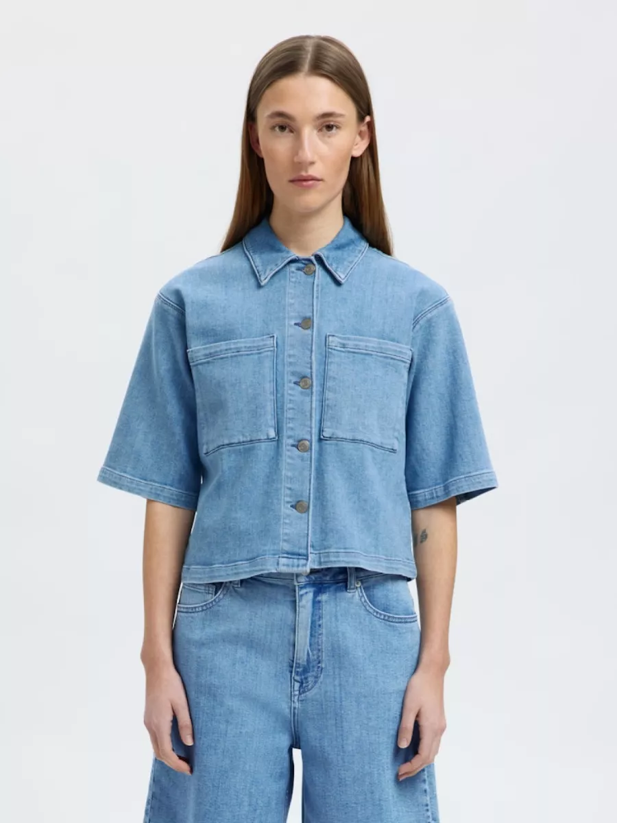 Selected Femme-SLFANYA 2/4 SHORT DENIM SHIRT-16097728-Light Blue Denim-LICHT BLAUW