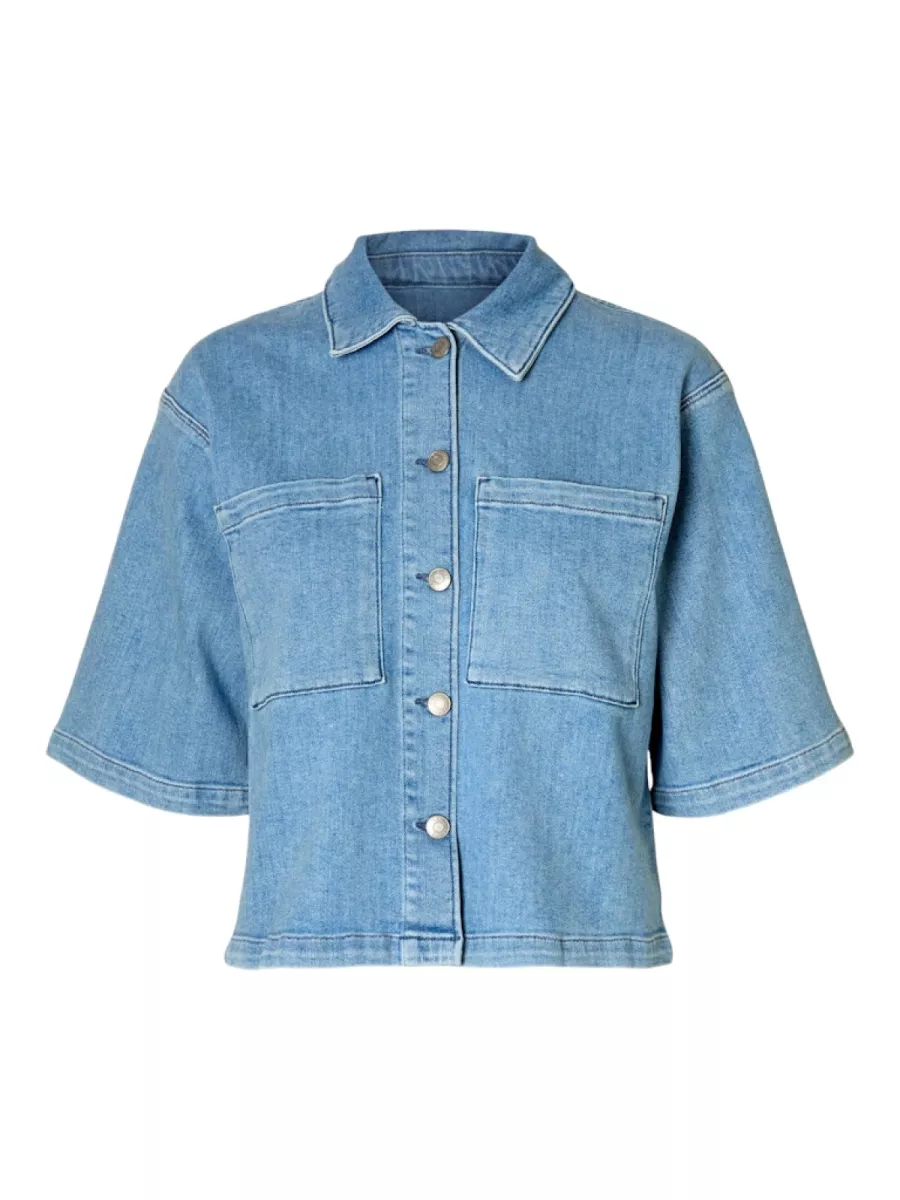 Selected Femme-SLFANYA 2/4 SHORT DENIM SHIRT-16097728-Light Blue Denim-LICHT BLAUW