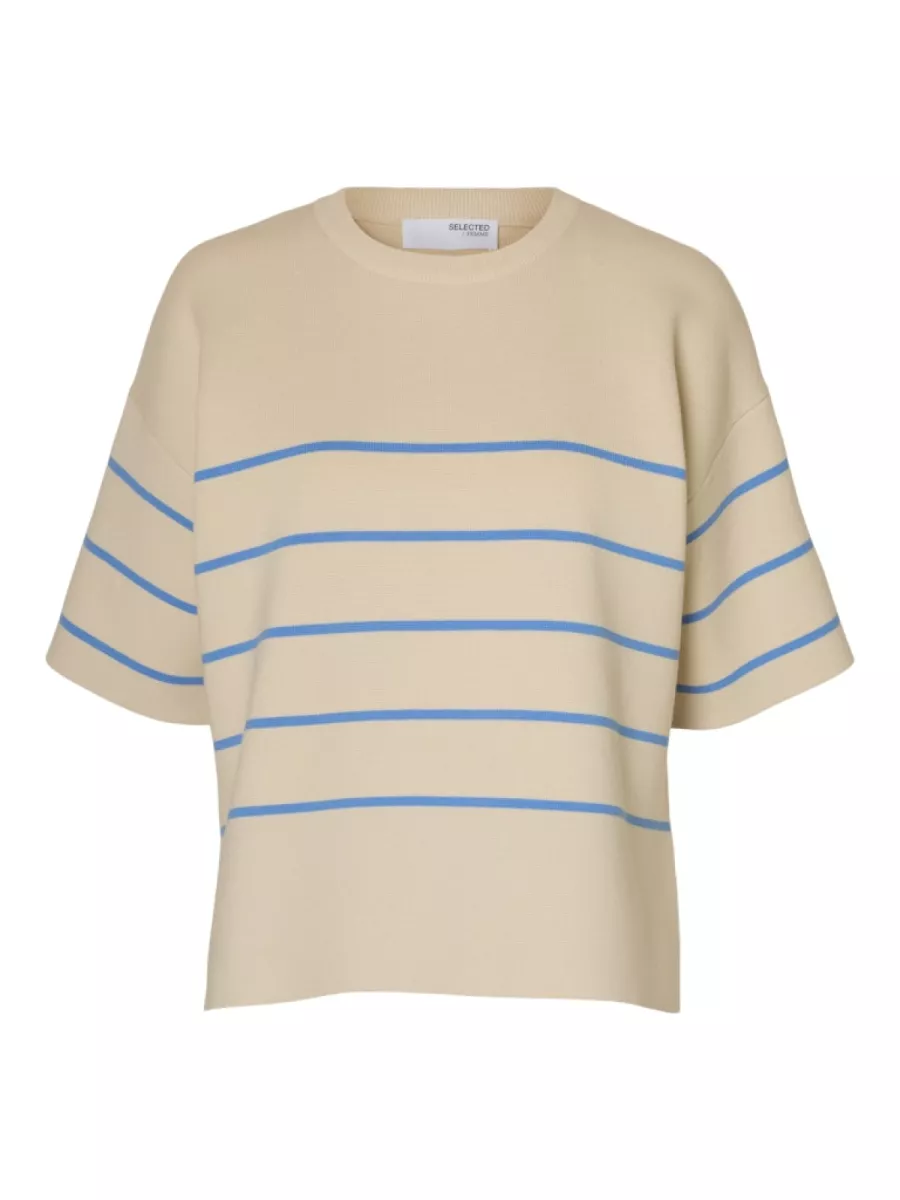 Selected Femme-SLFLIVA 2/4 KNIT O-NECK NOOS-16092337-Cornflower Blue-CREME