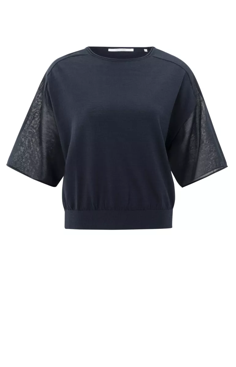 YAYA-Boatneck sweater with transpar; Viscose/Polyamide-01-000475-506-94010-NAVY