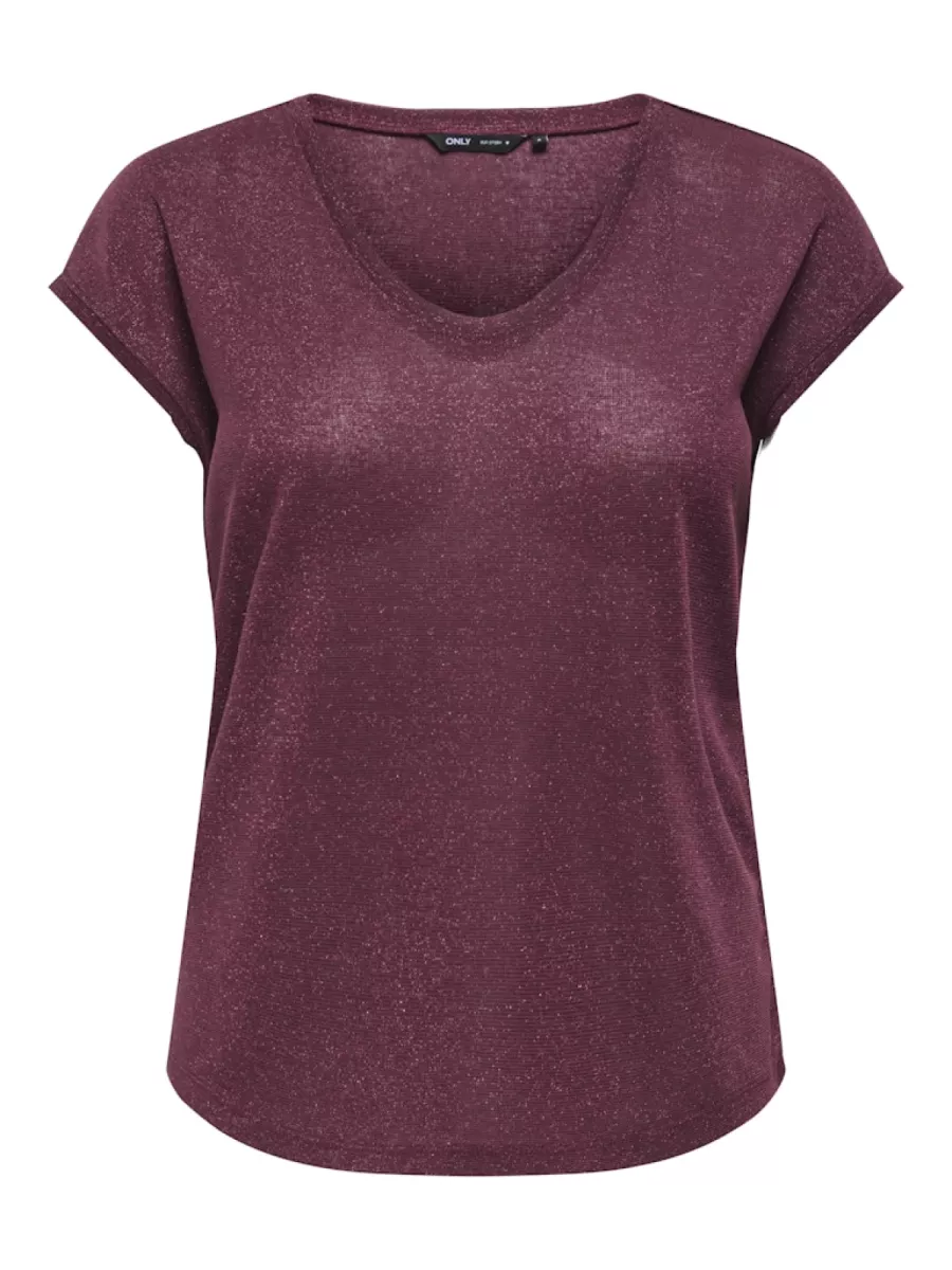 ONLY-ONLSILVERY S/S V NECK LUREX TOP JRS-15136069-Burgundy-BORDEAUX