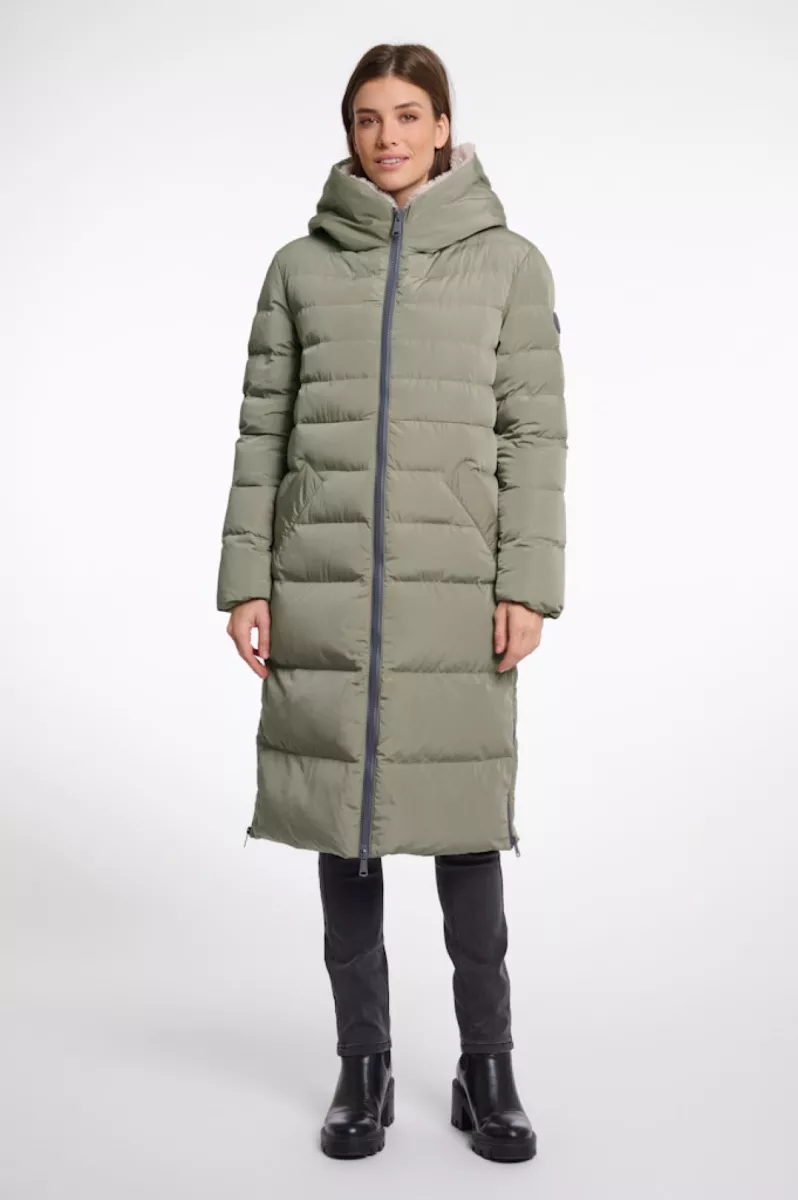RINO & PELLE-Long Padded Hooded Coat With Faux Fur-Keilafur.7002511-10917 Green Ash Stone-LEGERGROEN