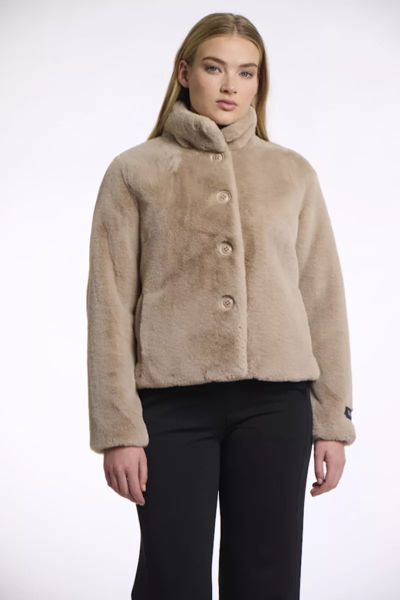 RINO & PELLE-Single Breasted Fake Fur Jacket-Vie.7002511-10866 Oat-ZAND