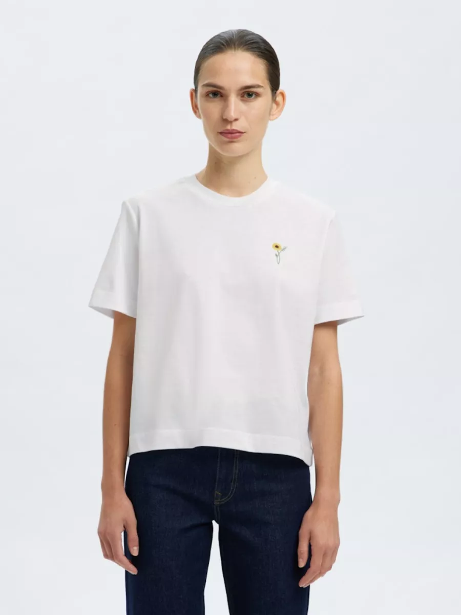 Selected Femme-SLFELLA SS EMB BOXY TEE FT-16101219-Bright White-WIT