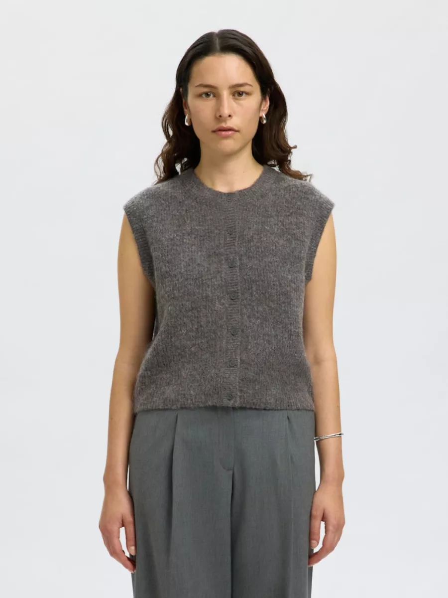 Selected Femme-SLFLULU SL BUTTON O-NECK VEST EX-16098808-Medium Grey Melange-GRIJS MELEE
