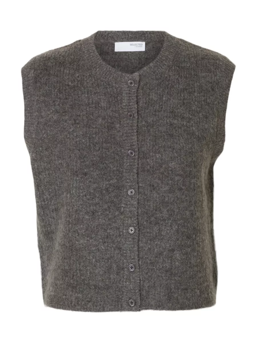 Selected Femme-SLFLULU SL BUTTON O-NECK VEST EX-16098808-Medium Grey Melange-GRIJS MELEE