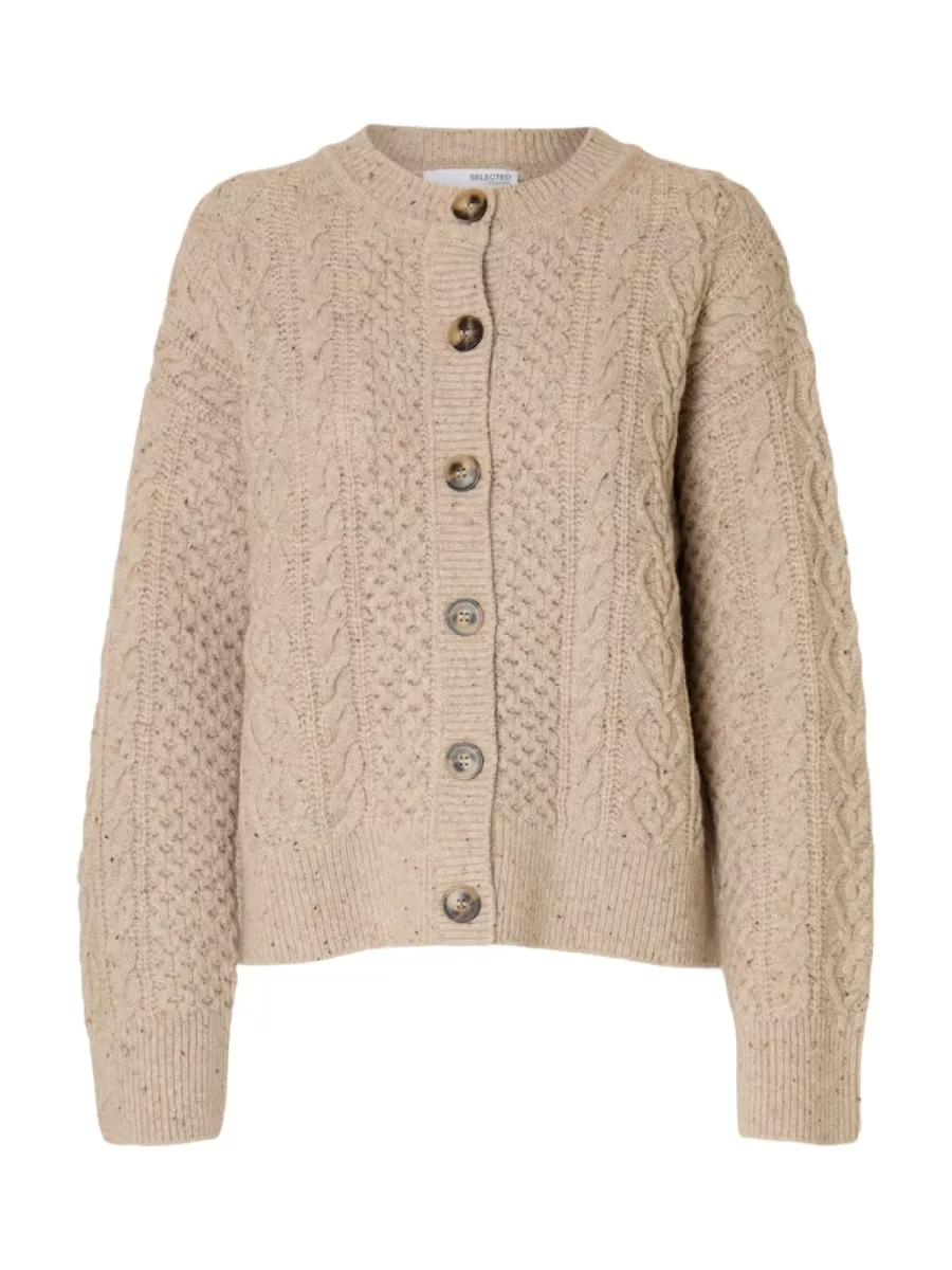 Selected Femme-SLFNELLY LS KNIT O-NECK CARDIGAN-16098318-Birch-CREME