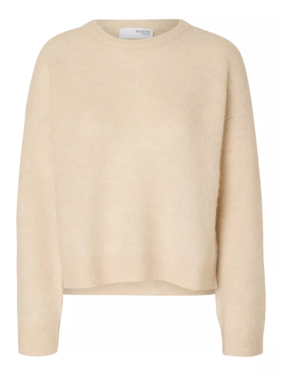 Selected Femme-SLFSIA RAS LS KNIT NEW O-NECK NOOS-16098141-Birch-CREME