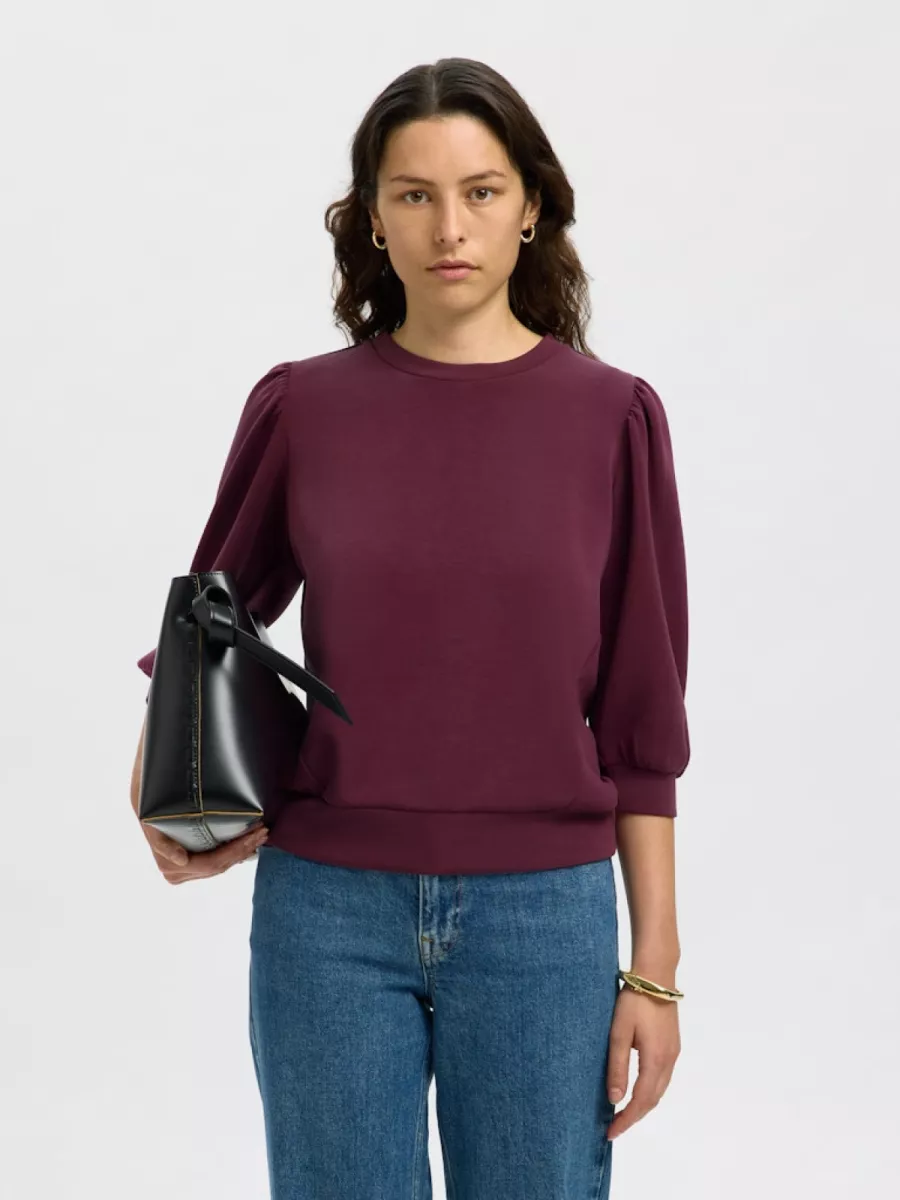 Selected Femme-SLFTENNY 3/4 SWEAT TOP NOOS-16082379-Fig-BORDEAUX