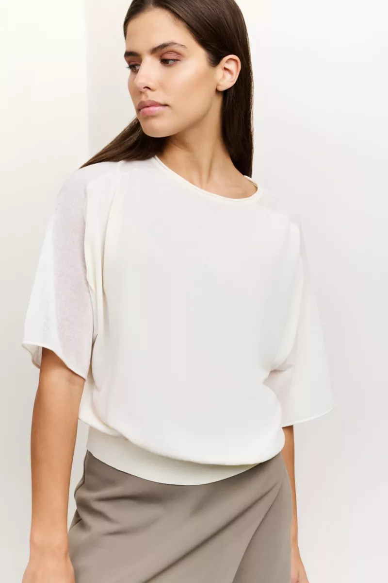 YAYA-Sweater with sheer sleeves; Viscose/Polyamide; 99995-01-000475-507-99995-OFF WHITE