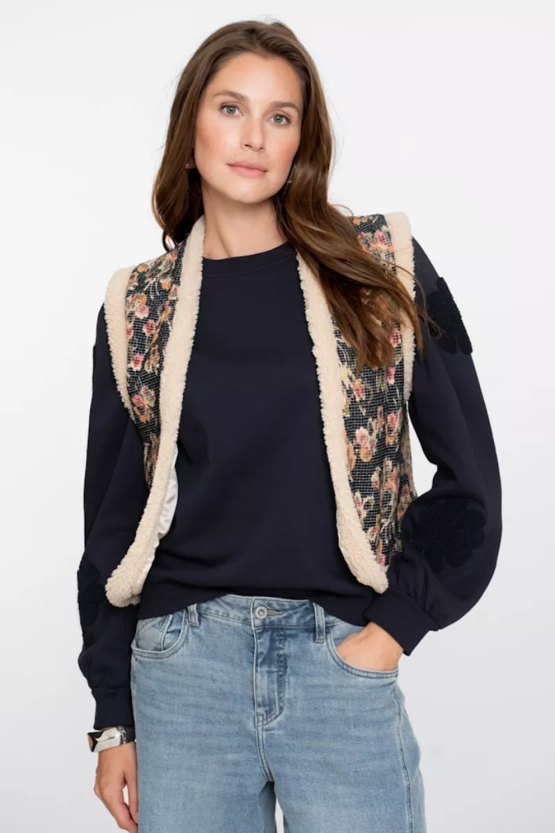 GEISHA-Gilet print-55717-20-999 black/olive/pink-ZWART