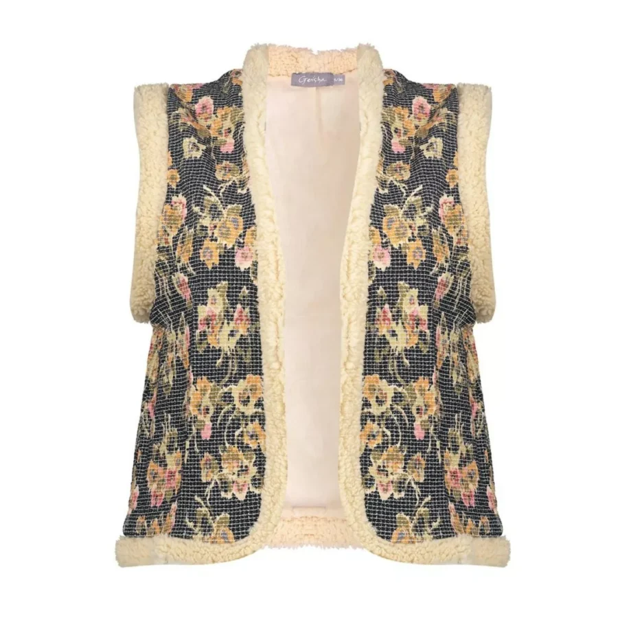 GEISHA-Gilet print-55717-20-999 black/olive/pink-ZWART