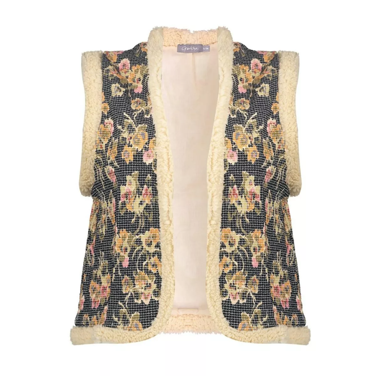 GEISHA-Gilet print-55717-20-999 black/olive/pink-ZWART