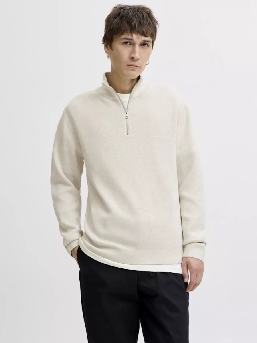 JACK & JONES-JPRBLAMILANO STITCH KNIT HALF ZIP S-12259664-Cloud dancer-CREME