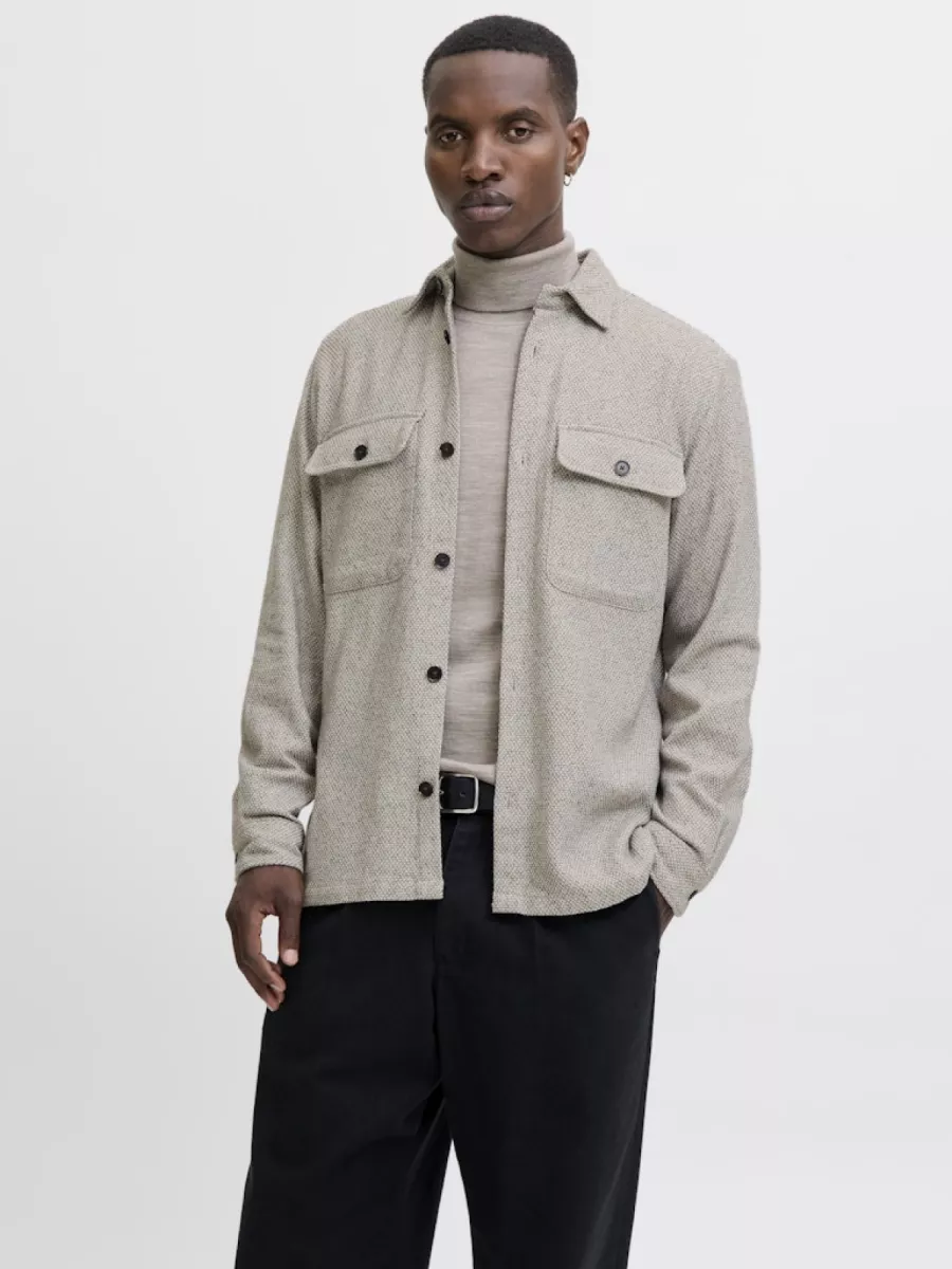JACK & JONES-JPRRAYLE MELANGE SOLID L/S OVERSHIR-12286840-Ermine-BRUIN