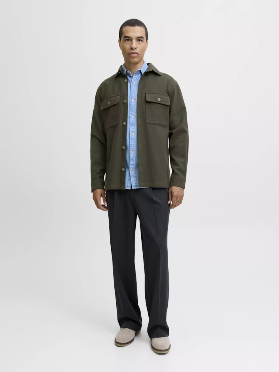 JACK & JONES-JPRRAYLE MELANGE SOLID L/S OVERSHIR-12286840-Peat-GROEN