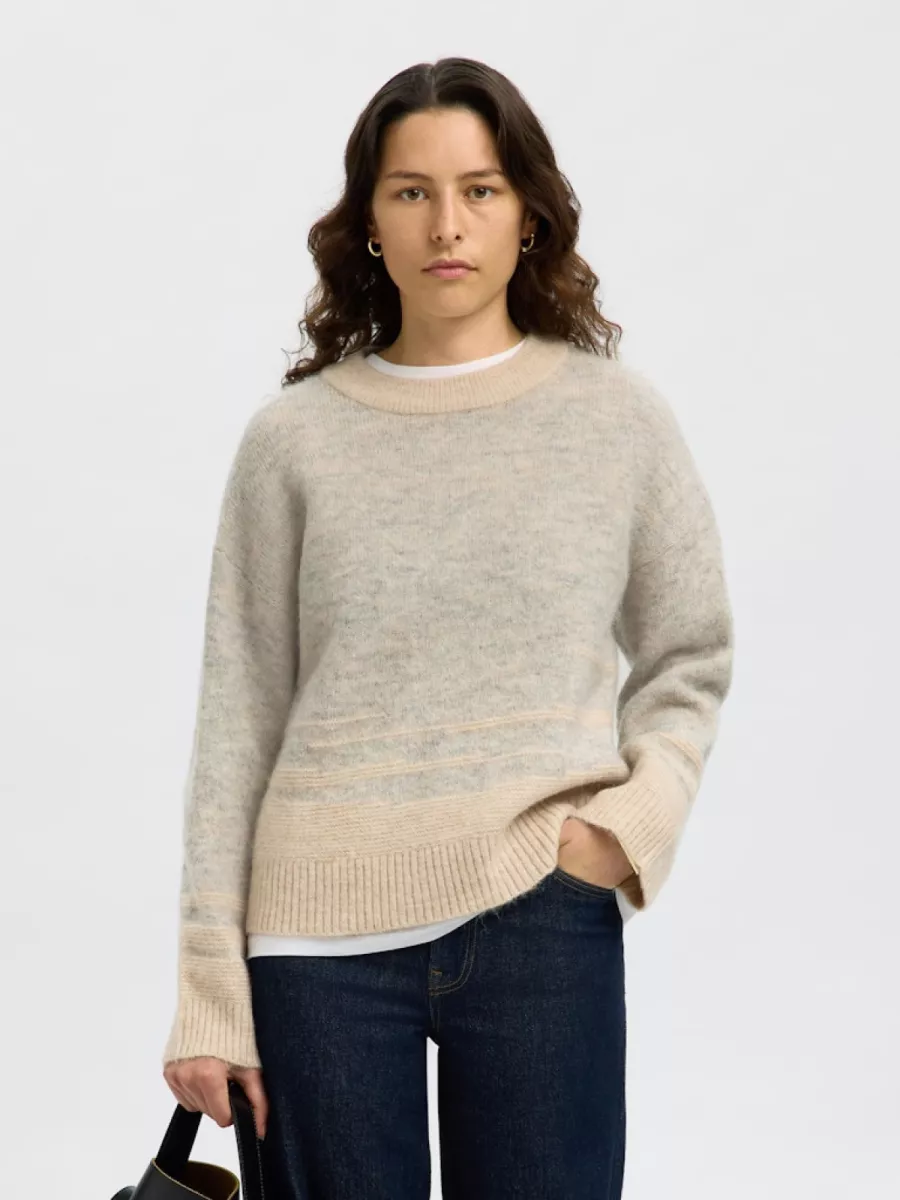 Selected Femme-SLFALVA LS KNIT STRUCTURE O-NECK-16098974-Light Grey-LICHT-/PAREL GRIJS