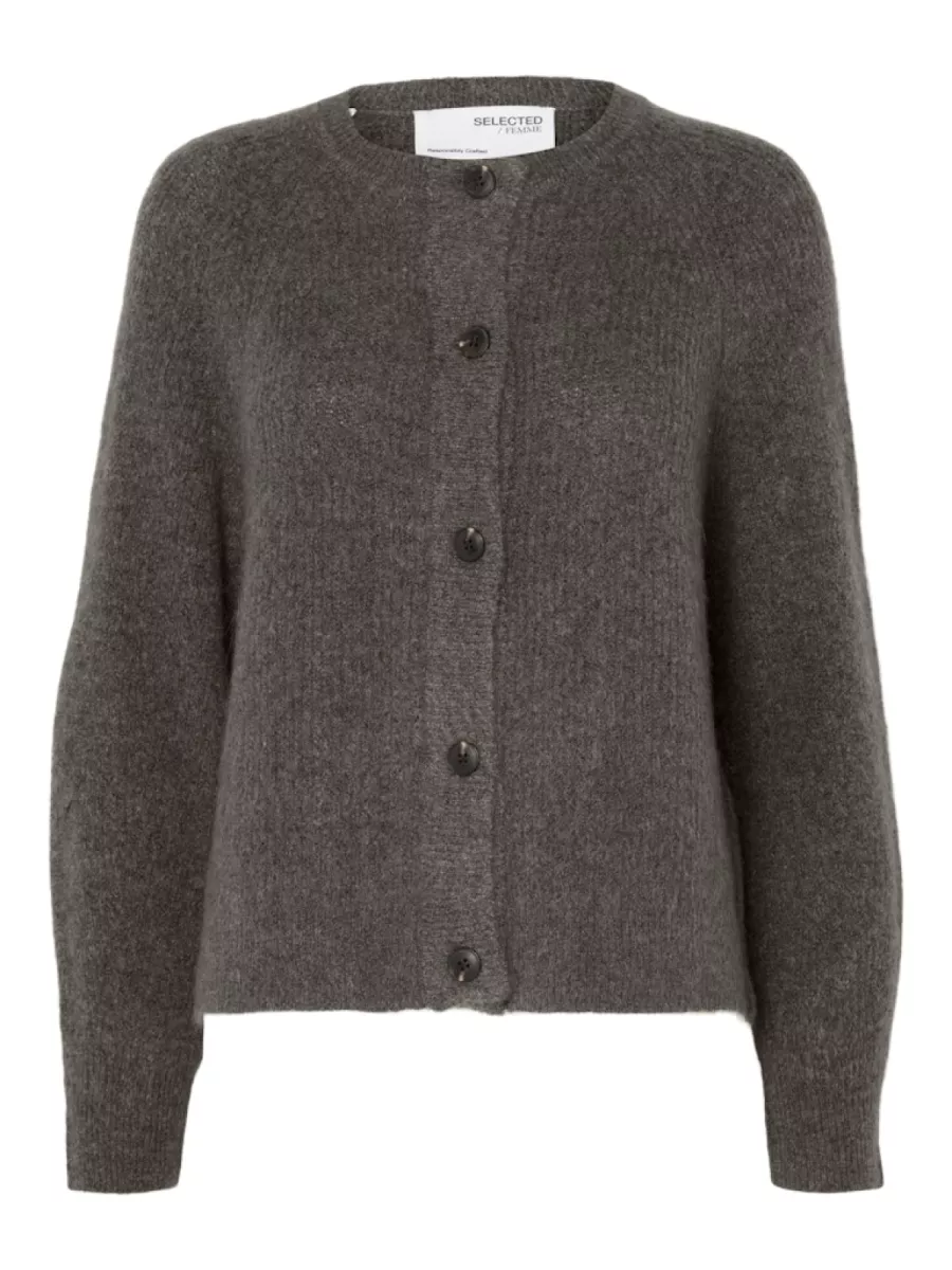 Selected Femme-SLFLULU LS KNIT SHORT CARDIGAN NOOS-16074481-Medium Grey-GRIJS MELEE
