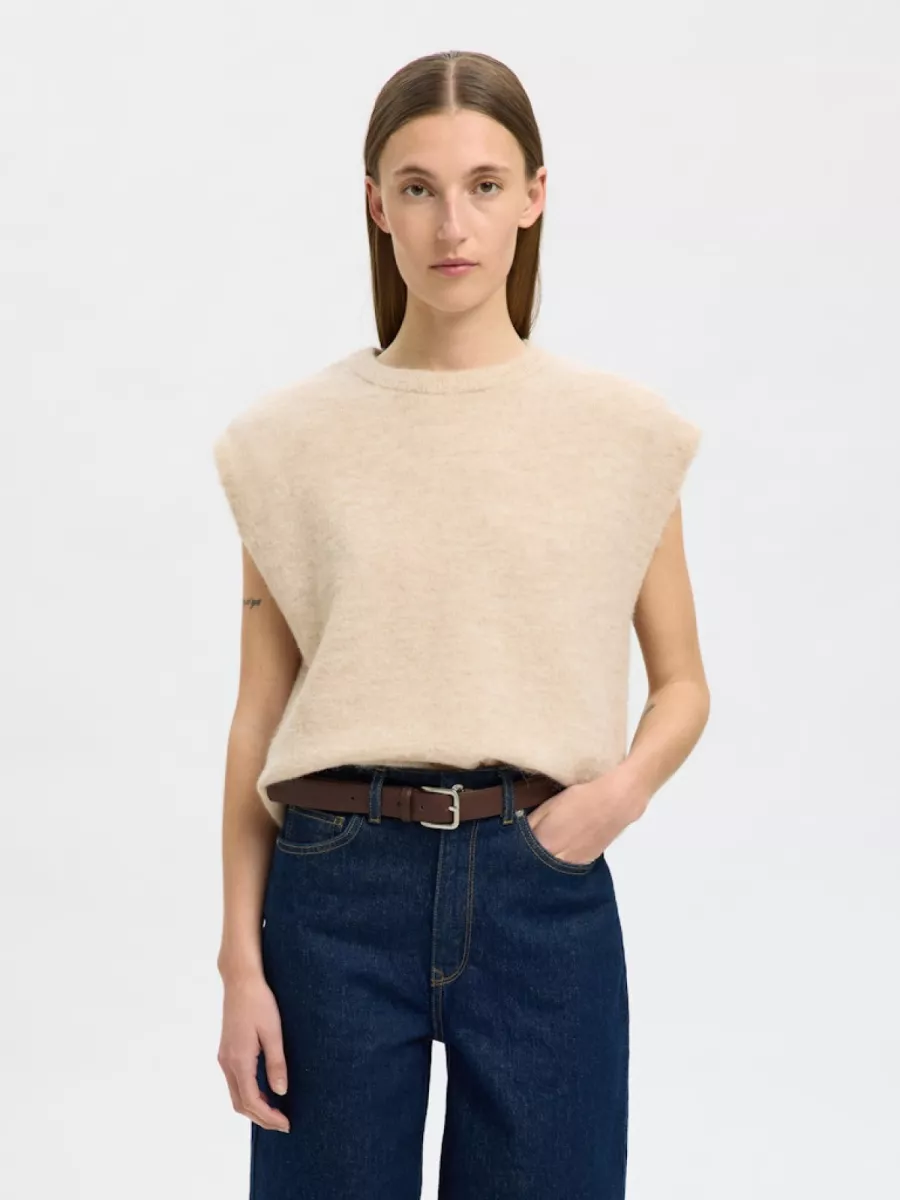Selected Femme-SLFLULU SL KNIT VEST-16098412-Birch-CREME