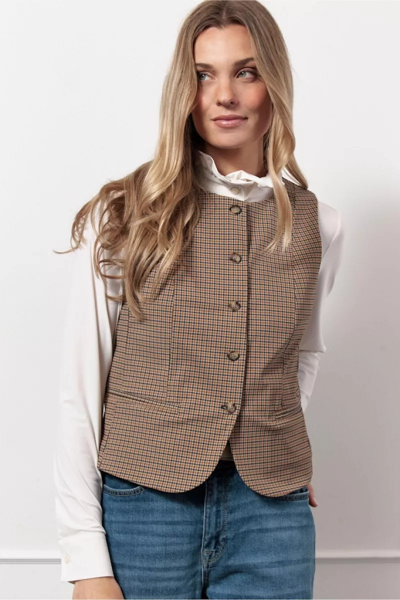 STUDIO ANNELOES-Fie check gilet-13090-1322 Caramel latte-LICHT BRUIN