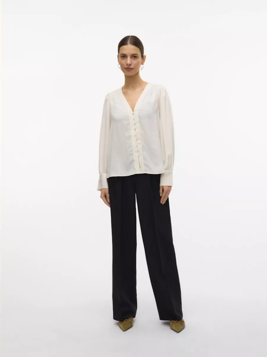 VERO MODA-VMFASANA L/S V-NECK SHIRT WVN BTQ G-10333598-Birch-CREME