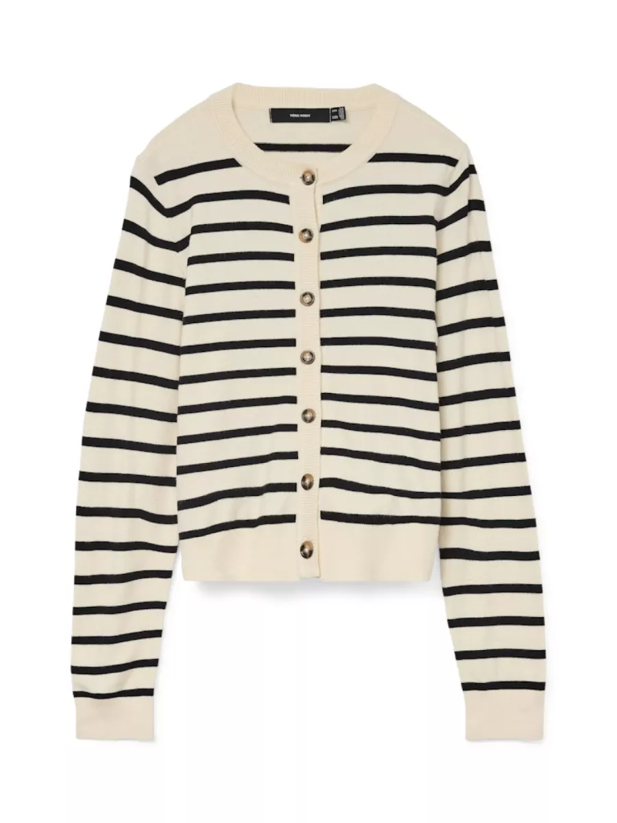 VERO MODA-VMSABA PLAIN LS O-NECK CARDIGAN NOO-10331771-Birch Stripes-CREME
