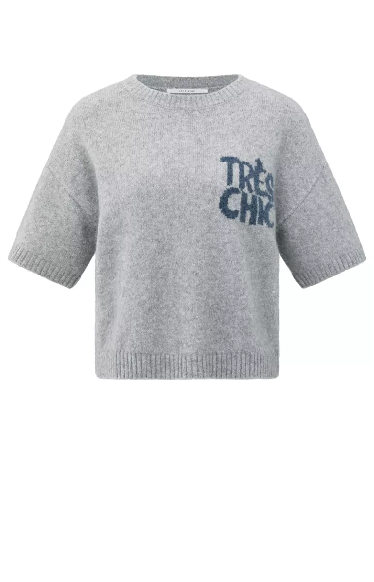 YAYA-Short sleeve sweater with artw; Alpaca/Modal/Polyester/Cotton/Elast; 99001-01-000485-508-99001-LICHT-/PAREL GRIJS