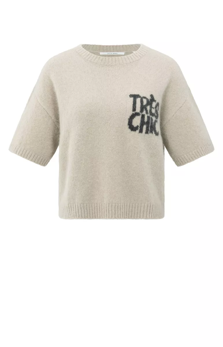 YAYA-Short sleeve sweater with artw; Alpaca/Modal/Polyester/Cotton/Elast; 99019-01-000485-508-99019-BEIGE