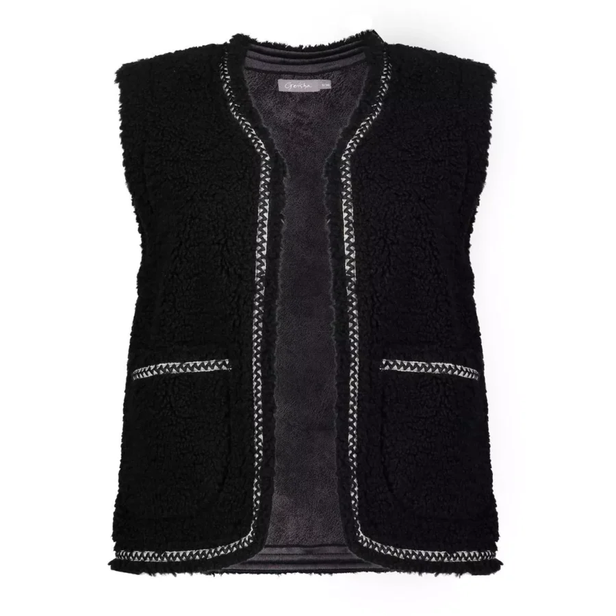 GEISHA-Gilet teddy embroidery-55541-19-999 black/tape black zigzag-ZWART
