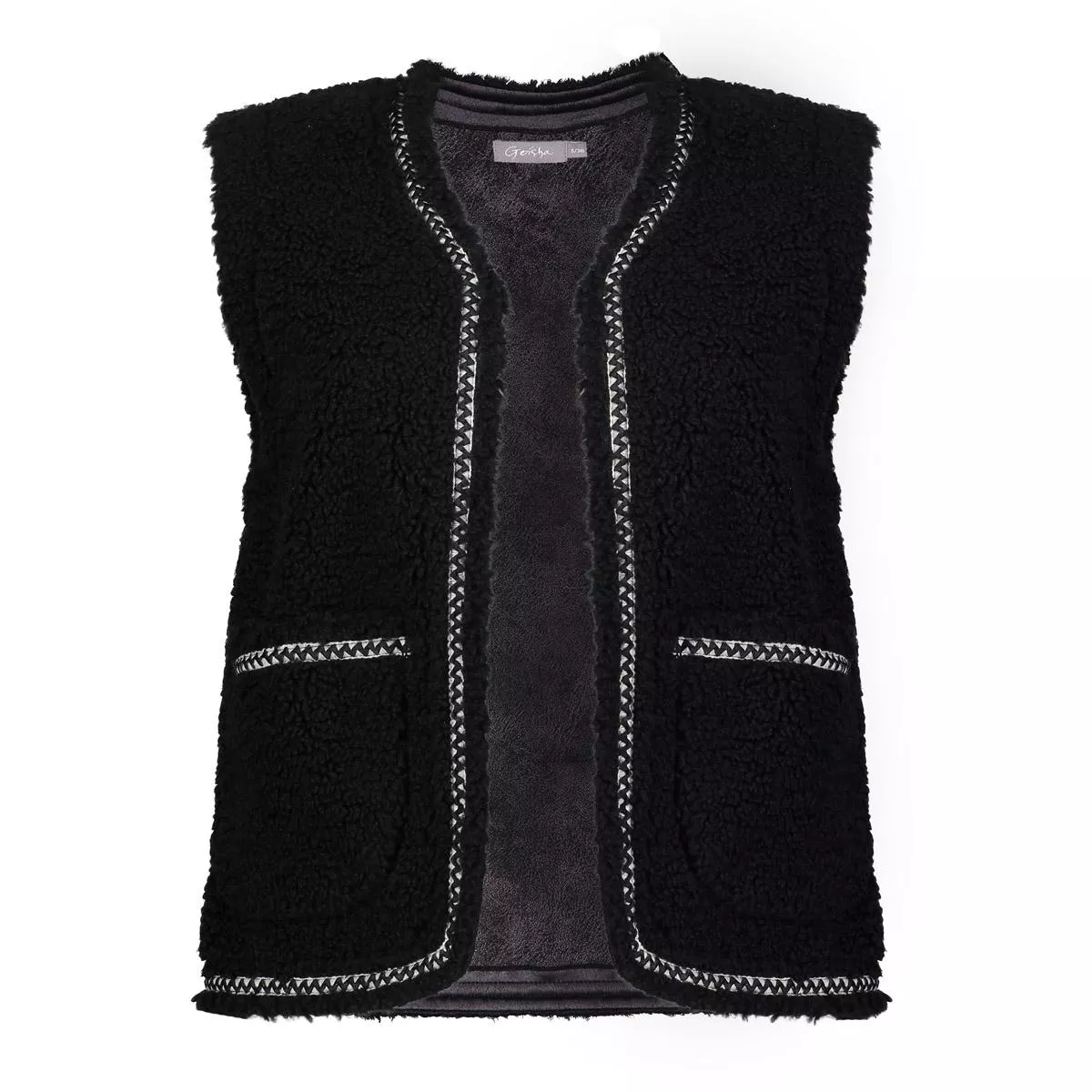 GEISHA-Gilet teddy embroidery-55541-19-999 black/tape black zigzag-ZWART