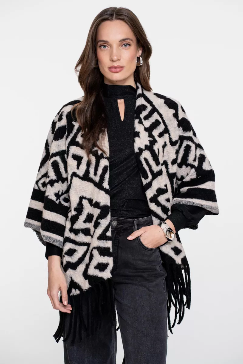 GEISHA-Poncho jacquard-55537-70-999 black/sand-BLACK