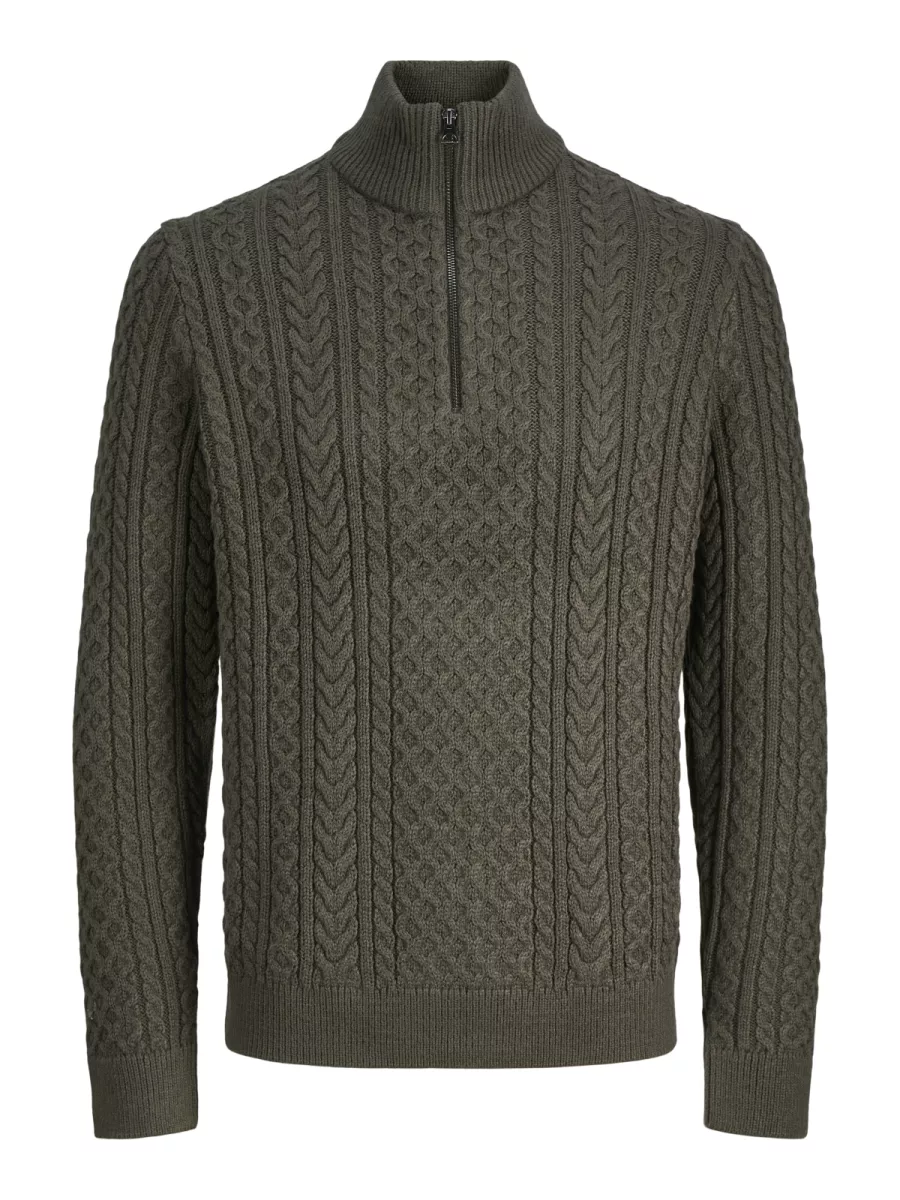 JACK & JONES-JPRBLUSEAN KNIT CABLE HALF ZIP SN-12283487-Black olive-ZWART