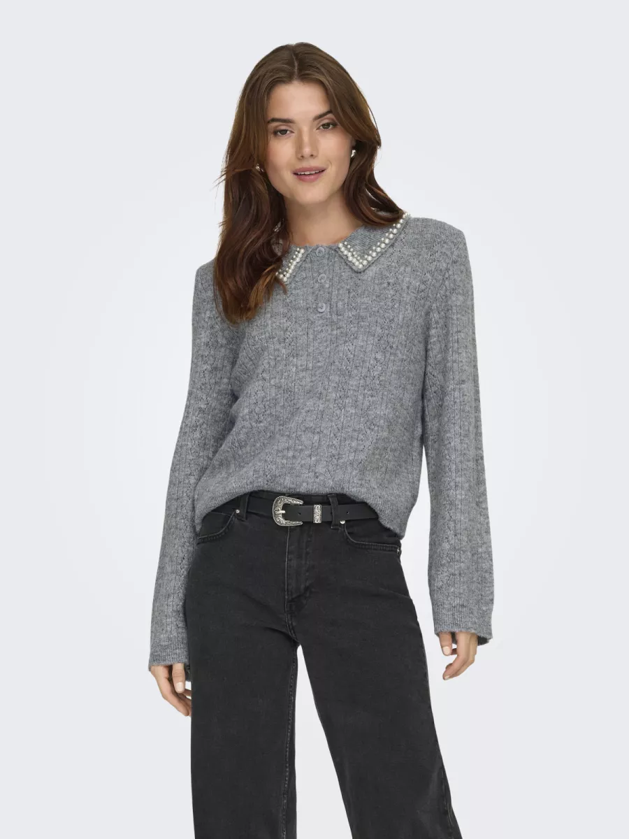JDY-JDYAPRIL LIFE L/S PEARL COLLAR PULL-15351838-Medium Grey Melange-GRIJS MELEE