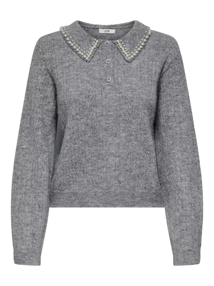 JDY-JDYAPRIL LIFE L/S PEARL COLLAR PULL-15351838-Medium Grey Melange-GRIJS MELEE