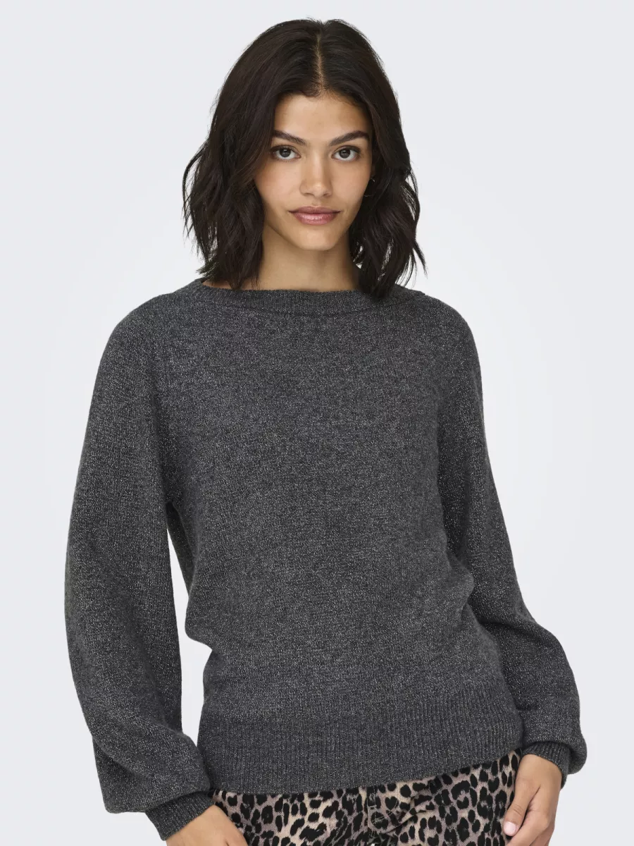 JDY-JDYRUE GLITTER L/S BOAT PULLOVE KNT-15330648-Dark Grey Melange-DONKER GRIJS/GRAFIET