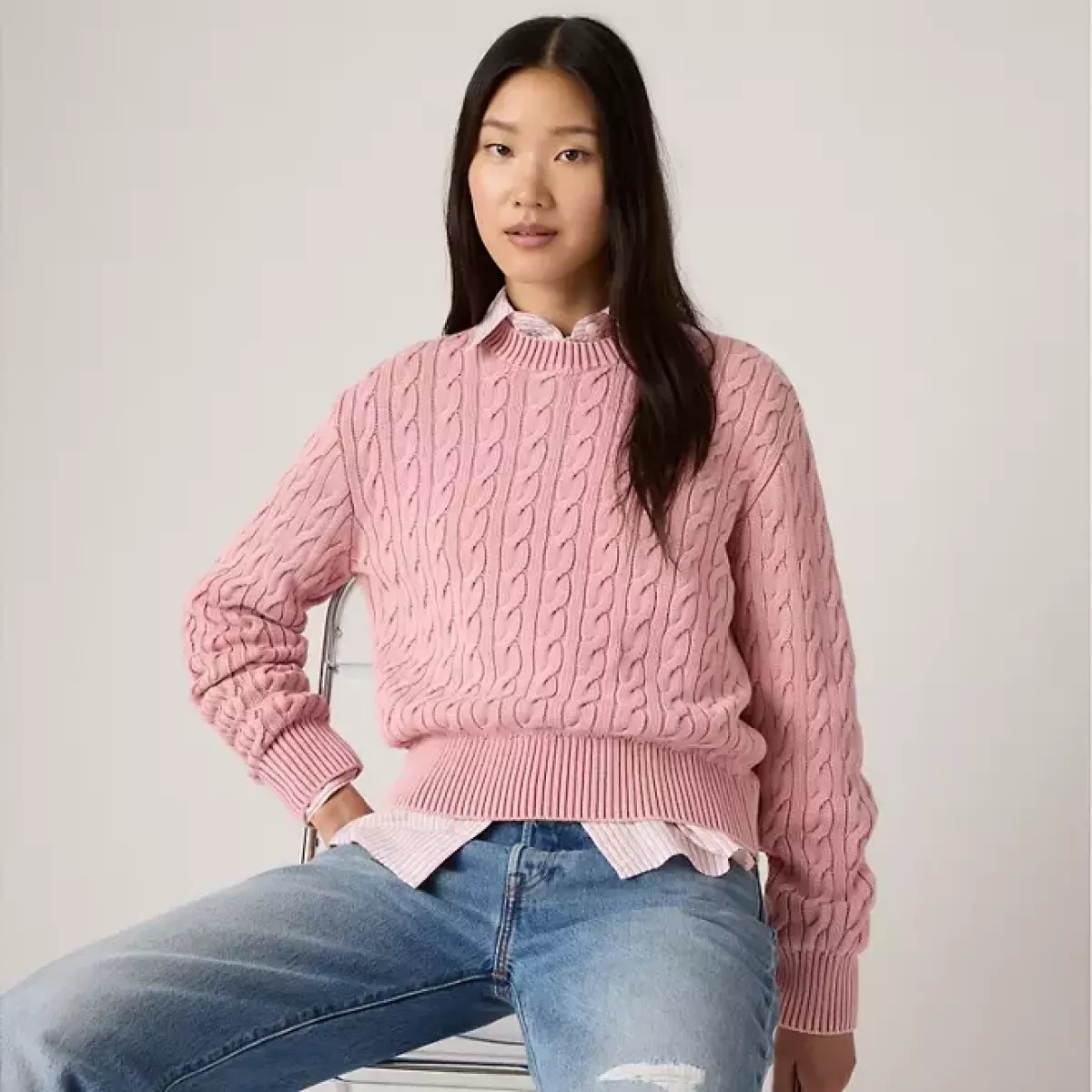 LEVI STRAUSS-Boyfriend Cable Crew Po Garment Dyed Pe-0037S-0006-LICHT ROSE