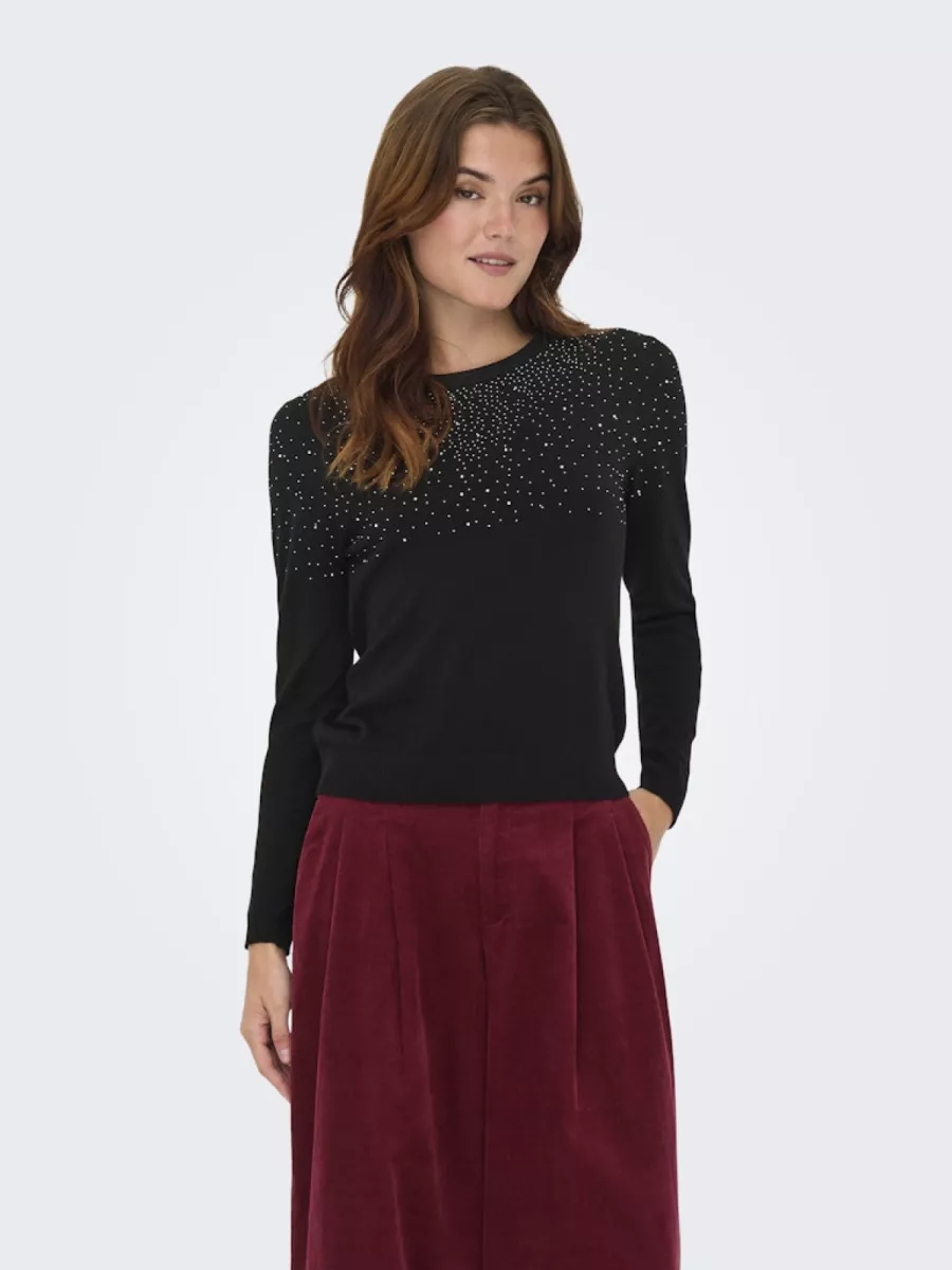 ONLY-ONLANABELLA LS BLING O-NECK KNT-15355228-Black-BLACK