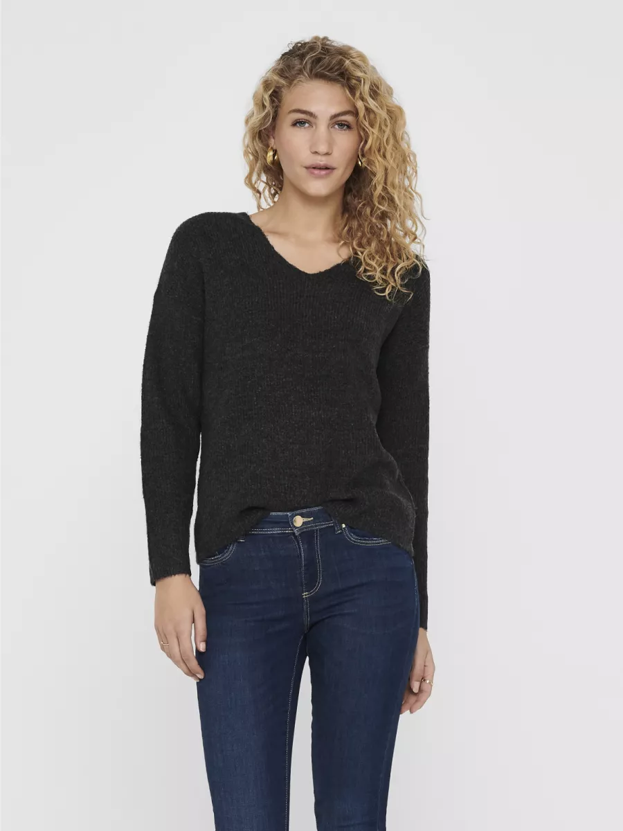 ONLY-ONLCAMILLA V-NECK L/S PULLOVER KNT-15204588-Dark Grey Melange-ANTRACIET