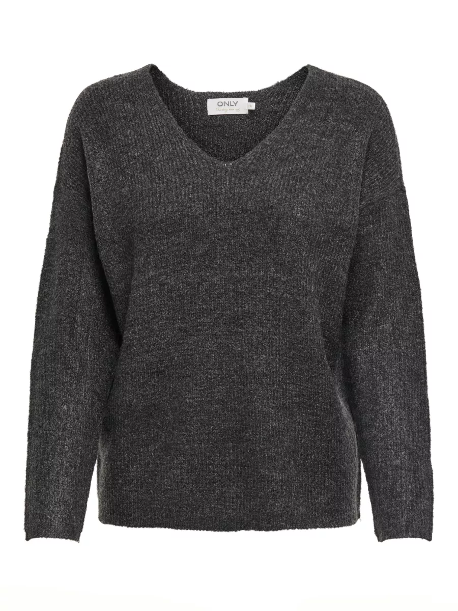 ONLY-ONLCAMILLA V-NECK L/S PULLOVER KNT-15204588-Dark Grey Melange-ANTRACIET
