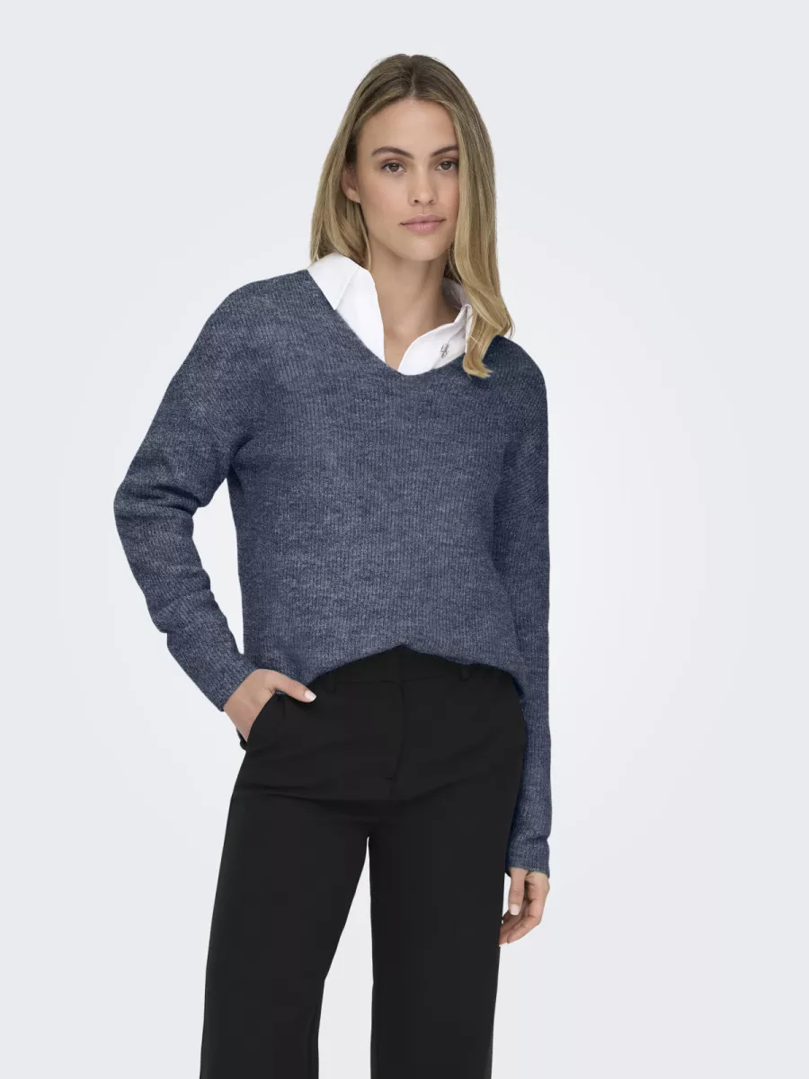 ONLY-ONLCAMILLA V-NECK L/S PULLOVER KNT-15204588-Vintage Indigo-INDIGO