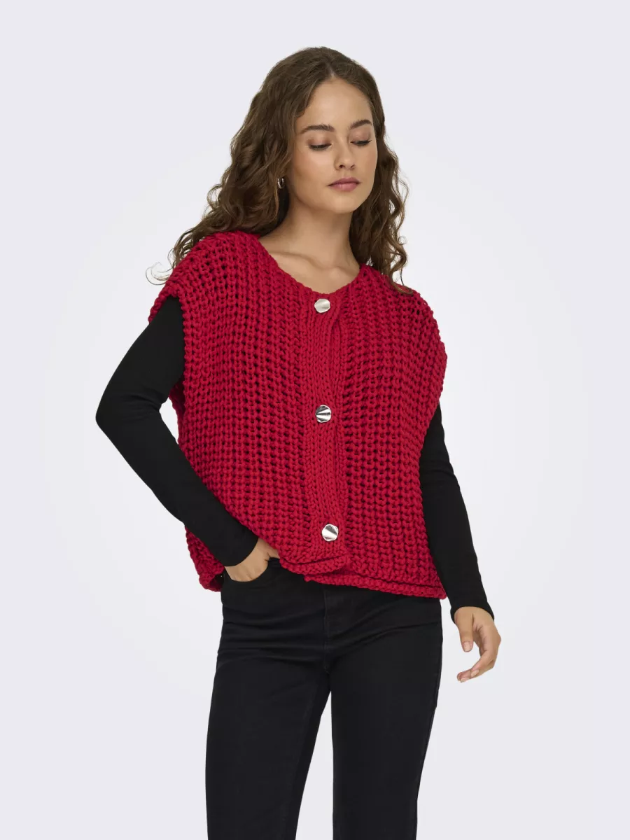 ONLY-ONLCHLOE SS RIB BUTTON VEST KNT-15352208-Salsa-DONKER ROOD