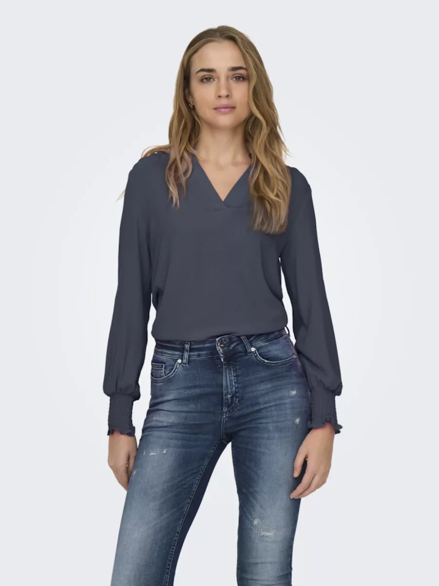 ONLY-ONLMETTE V-NECK LS SMOCK TOP NOOS W-15284309-Ombre Blue-BLUE