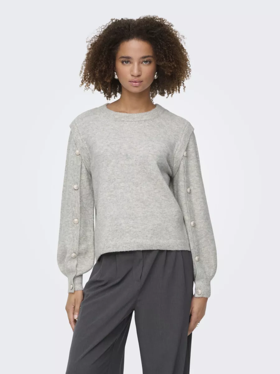 ONLY-ONLRENE LIFE LS BUTTON O-NECK CS KN-15358576-Light Grey Melange-LICHT-/PAREL GRIJS