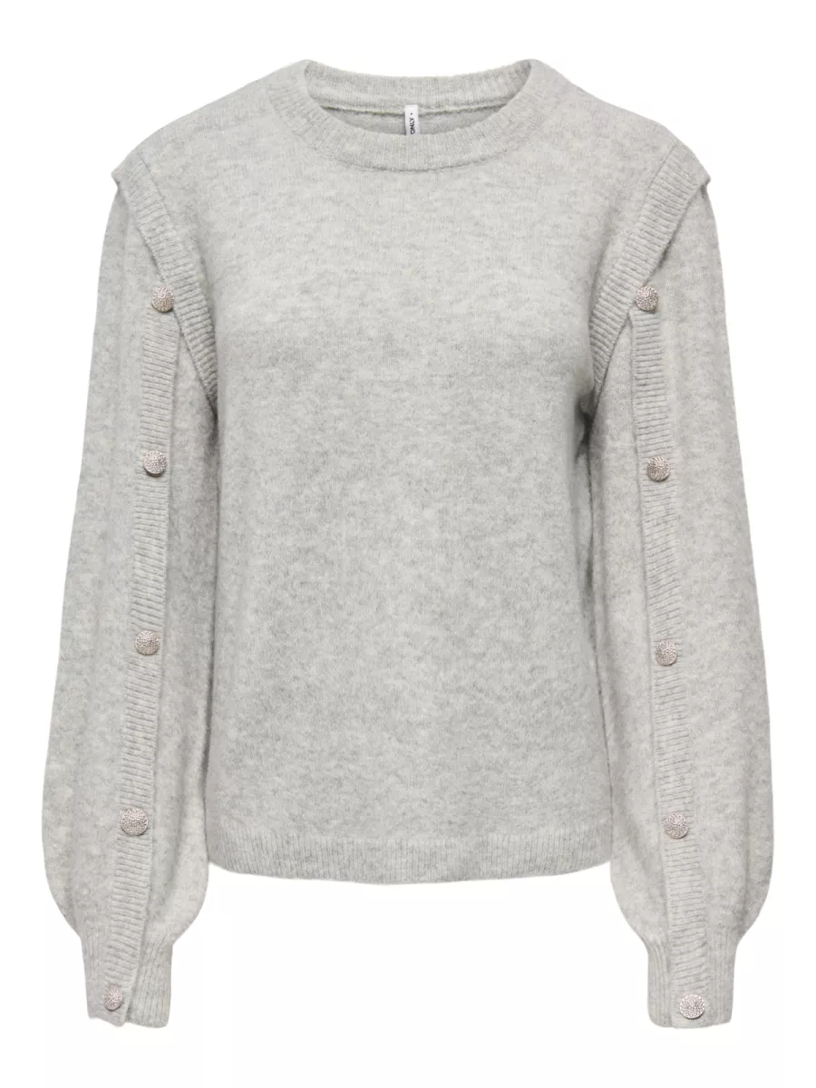 ONLY-ONLRENE LIFE LS BUTTON O-NECK CS KN-15358576-Light Grey Melange-LICHT-/PAREL GRIJS
